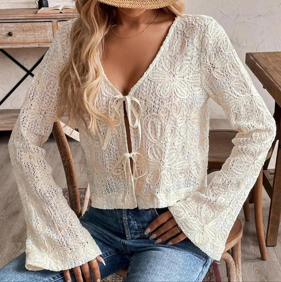 Women's Fall Front Tie Long Sleeve Cropped Casual Blous - Picture 5 of 6